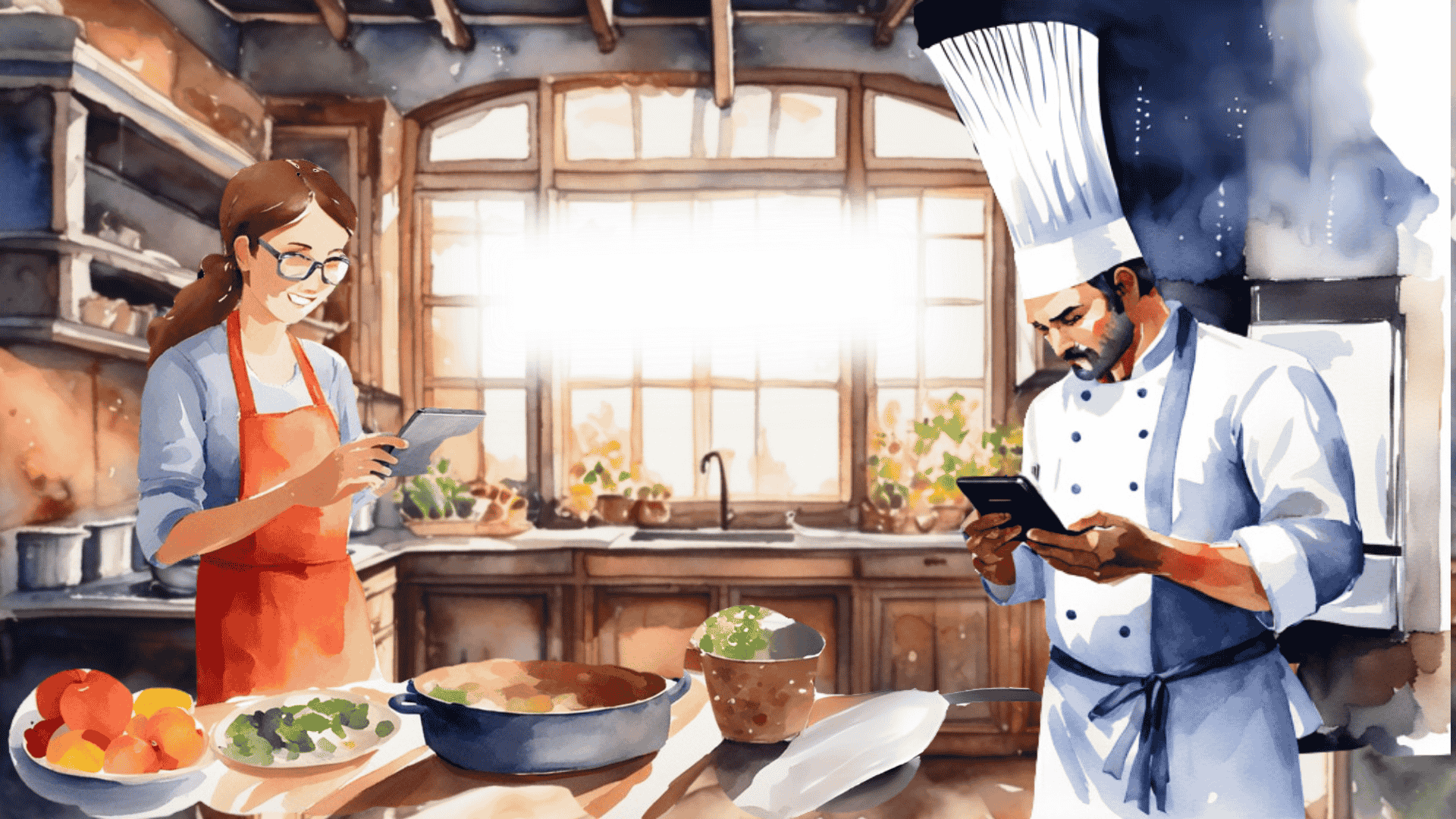Professional chef and home cook connecting through Mesmerizing Food platform in a warm kitchen setting